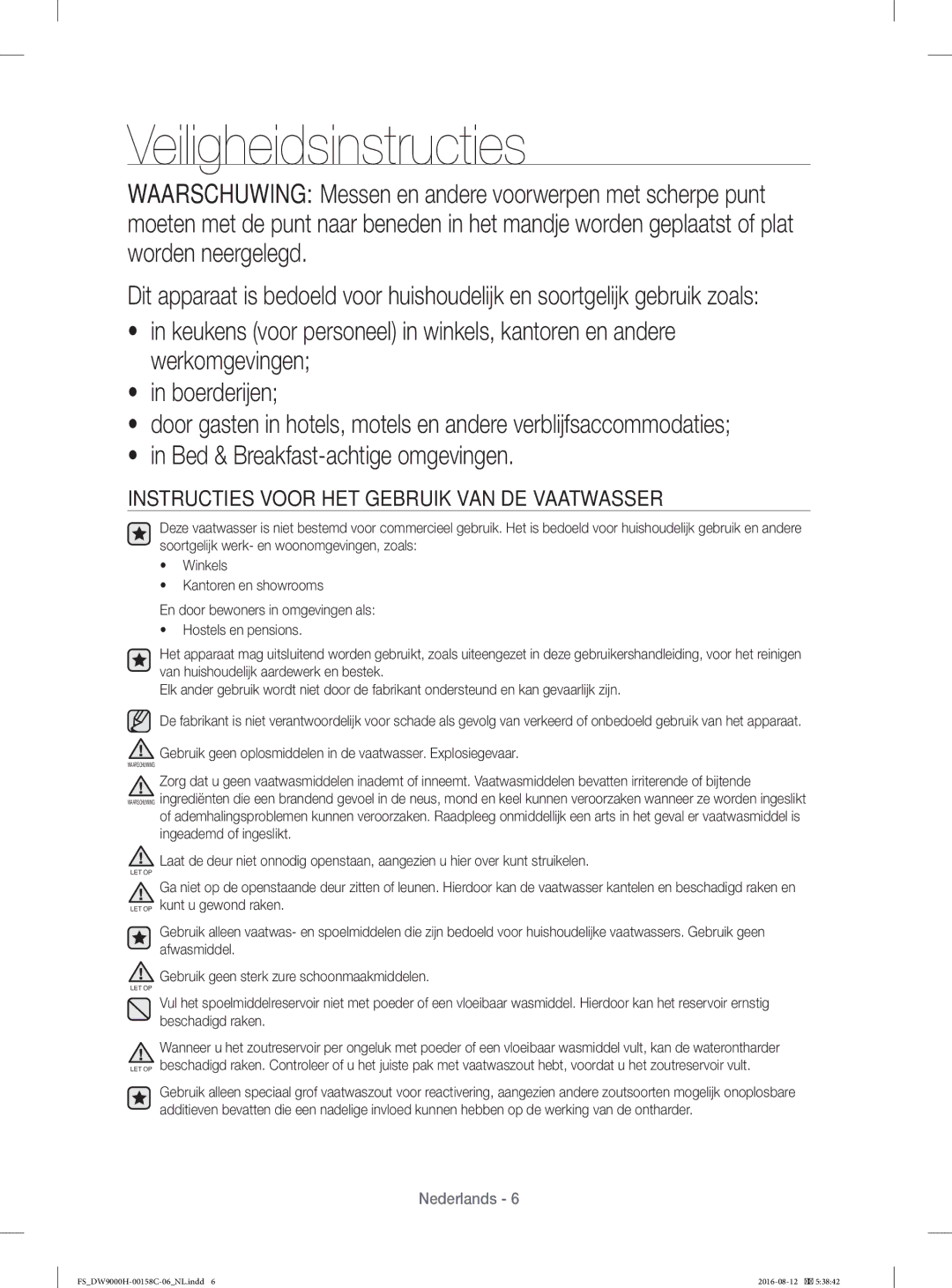 Samsung DW60H9970FS/EF manual Instructies Voor HET Gebruik VAN DE Vaatwasser 