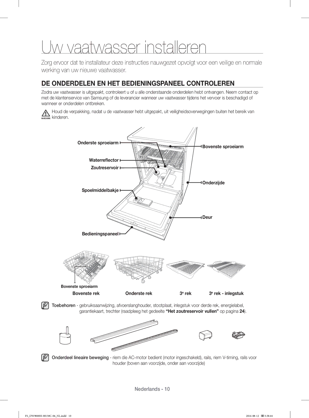 Samsung DW60H9970FS/EF manual Uw vaatwasser installeren, DE Onderdelen EN HET Bedieningspaneel Controleren 