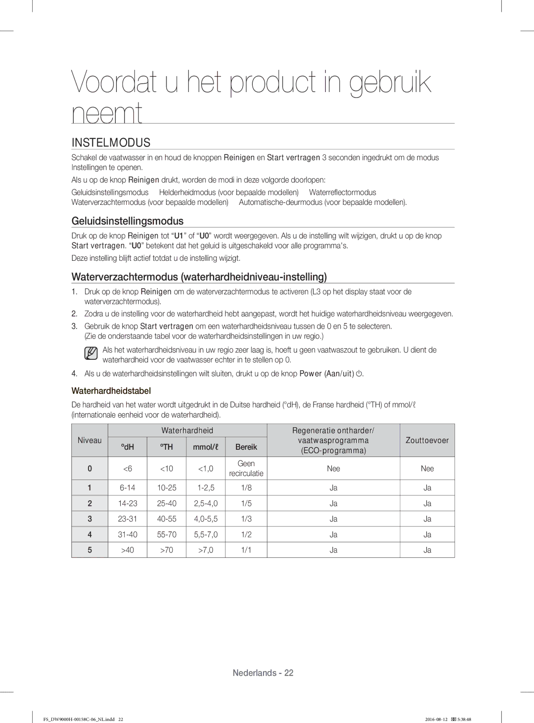 Samsung DW60H9970FS/EF Voordat u het product in gebruik neemt, Instelmodus, Geluidsinstellingsmodus, Waterhardheidstabel 