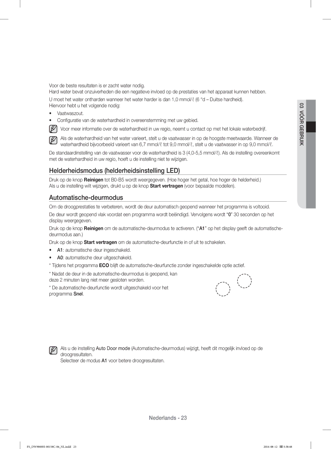 Samsung DW60H9970FS/EF manual Helderheidsmodus helderheidsinstelling LED, Automatische-deurmodus 