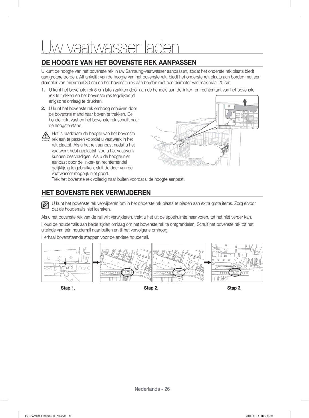 Samsung DW60H9970FS/EF manual DE Hoogte VAN HET Bovenste REK Aanpassen, HET Bovenste REK Verwĳderen, Stap 