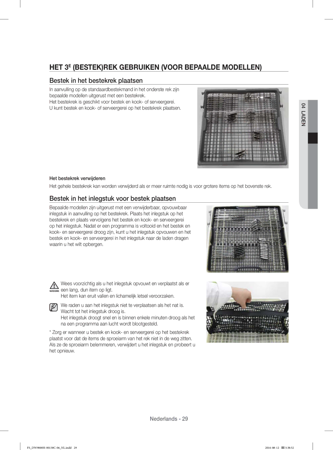 Samsung DW60H9970FS/EF manual HET 3E Bestekrek Gebruiken Voor Bepaalde Modellen, Bestek in het bestekrek plaatsen 