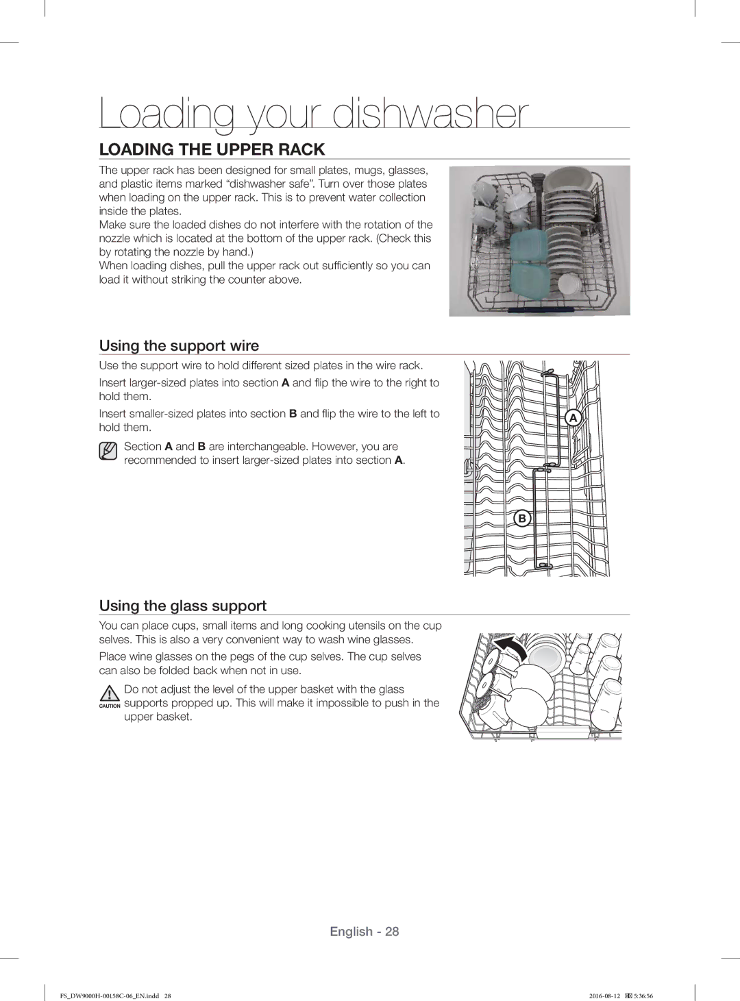 Samsung DW60H9970FS/EF manual Loading the Upper Rack, Using the support wire, Using the glass support 