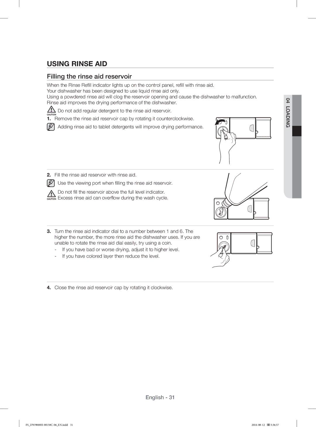 Samsung DW60H9970FS/EF manual Using Rinse AID, Filling the rinse aid reservoir 