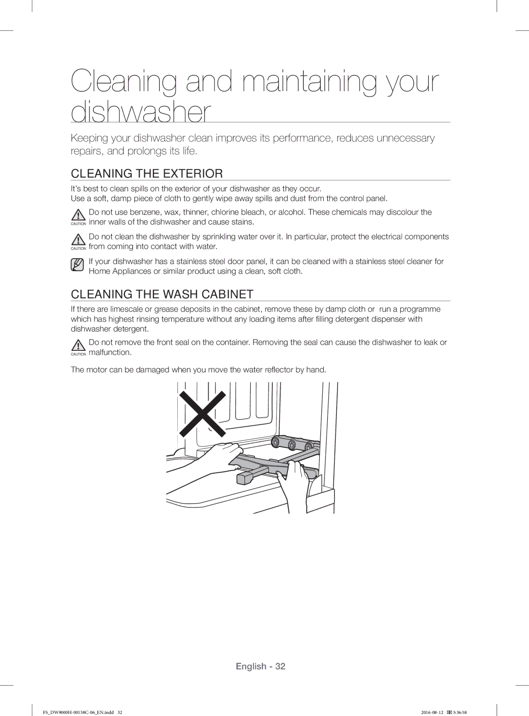 Samsung DW60H9970FS/EF manual Cleaning and maintaining your dishwasher, Cleaning the Exterior, Cleaning the Wash Cabinet 