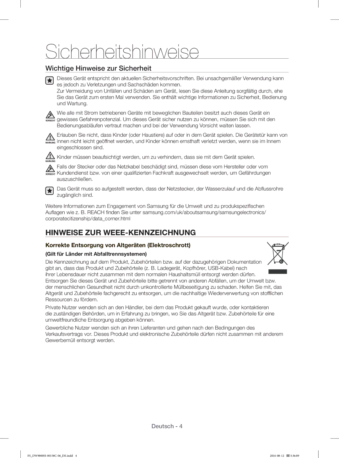 Samsung DW60H9970FS/EF manual Hinweise ZUR WEEE-KENNZEICHNUNG, Wichtige Hinweise zur Sicherheit 