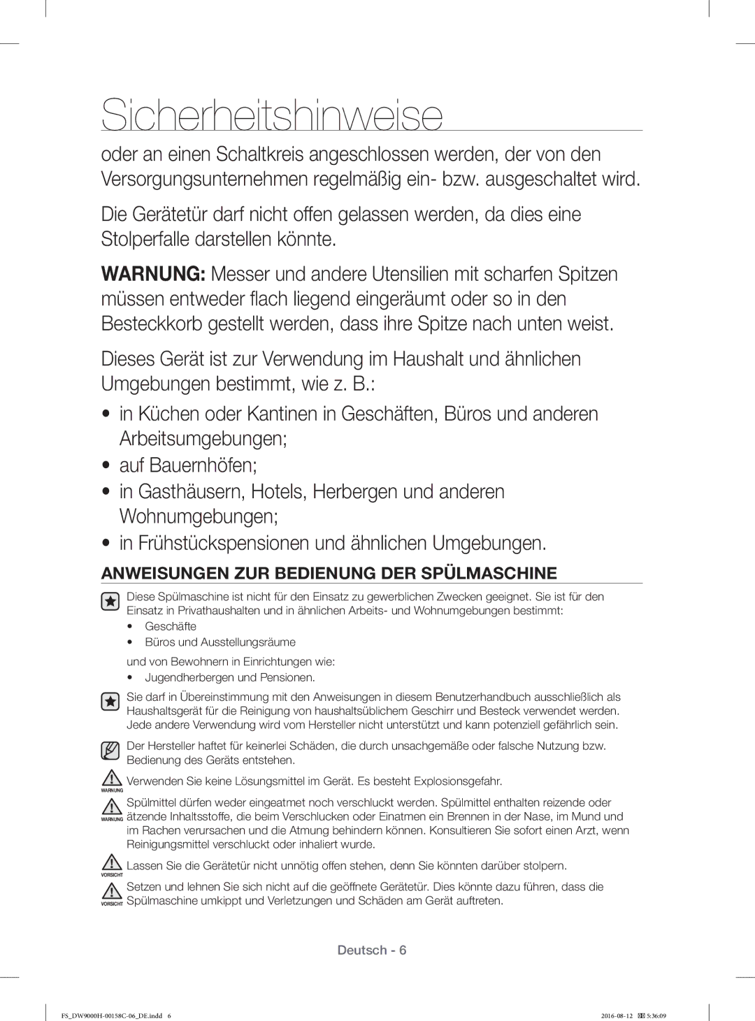 Samsung DW60H9970FS/EF manual Anweisungen ZUR Bedienung DER Spülmaschine 