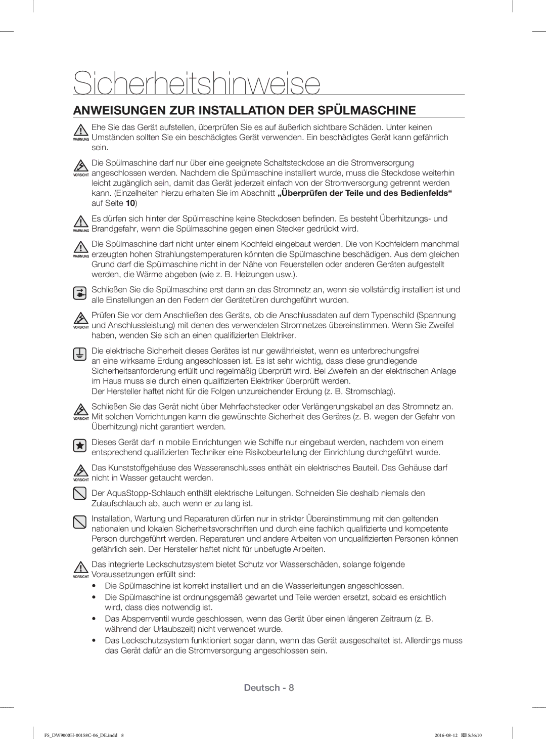 Samsung DW60H9970FS/EF manual Anweisungen ZUR Installation DER Spülmaschine 