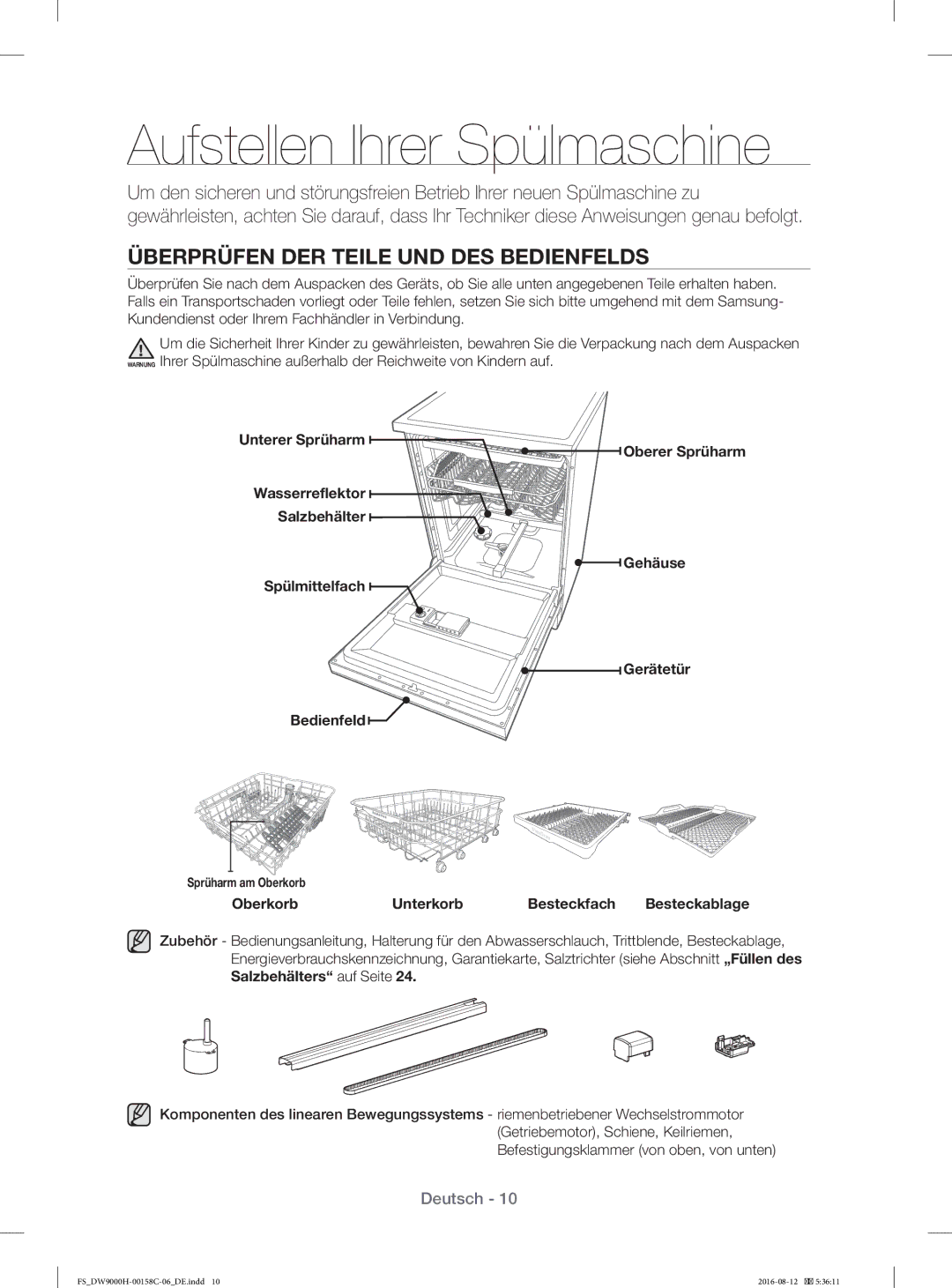 Samsung DW60H9970FS/EF manual Aufstellen Ihrer Spülmaschine, Überprüfen DER Teile UND DES Bedienfelds 