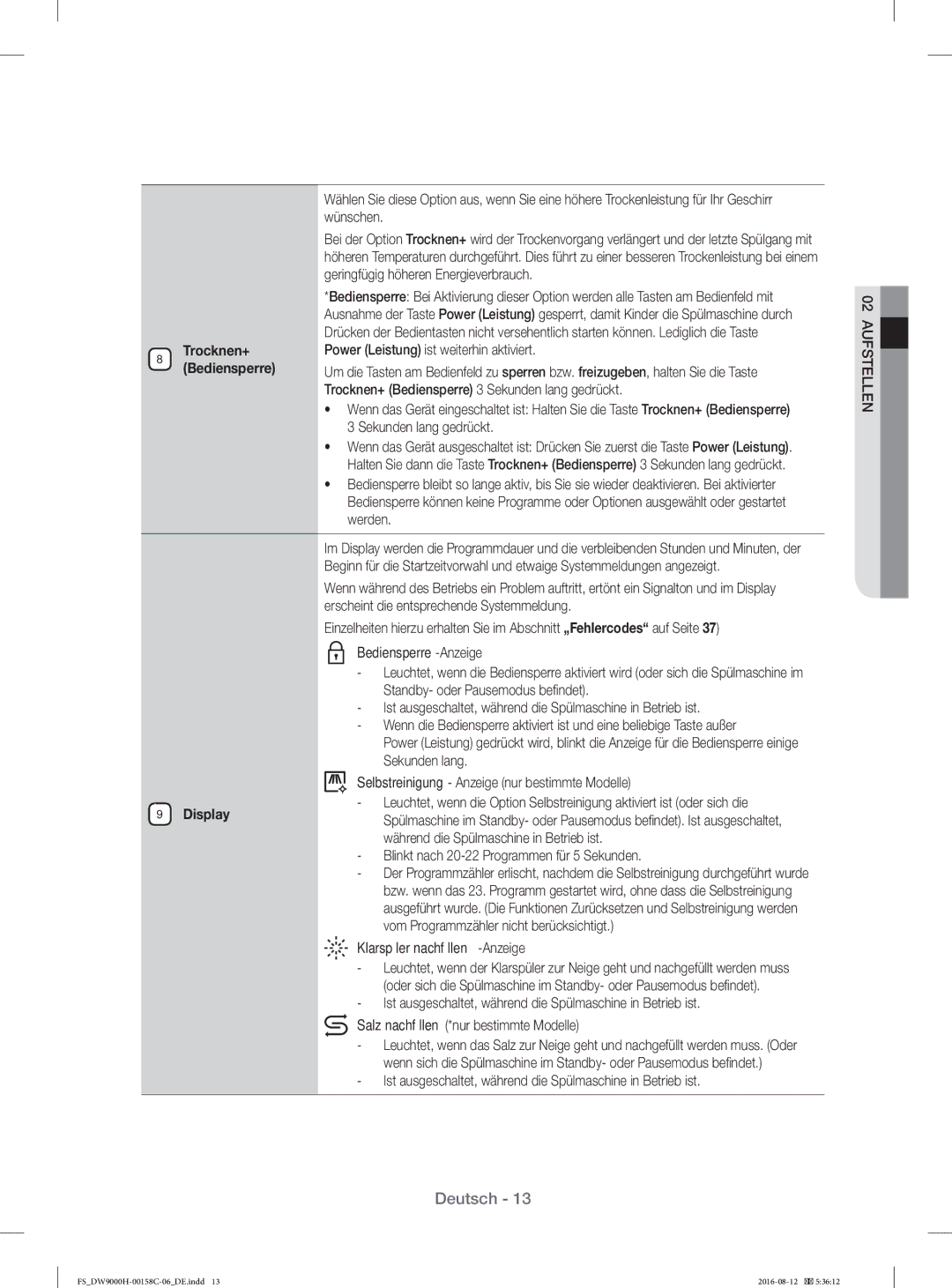 Samsung DW60H9970FS/EF manual Trocknen+, Bediensperre 