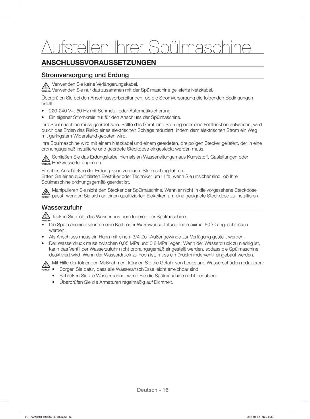 Samsung DW60H9970FS/EF manual Anschlussvoraussetzungen, Stromversorgung und Erdung, Wasserzufuhr 