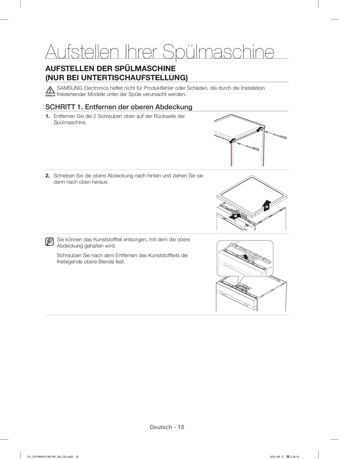 Samsung DW60H9970FS/EF manual Aufstellen DER Spülmaschine NUR BEI Untertischaufstellung 