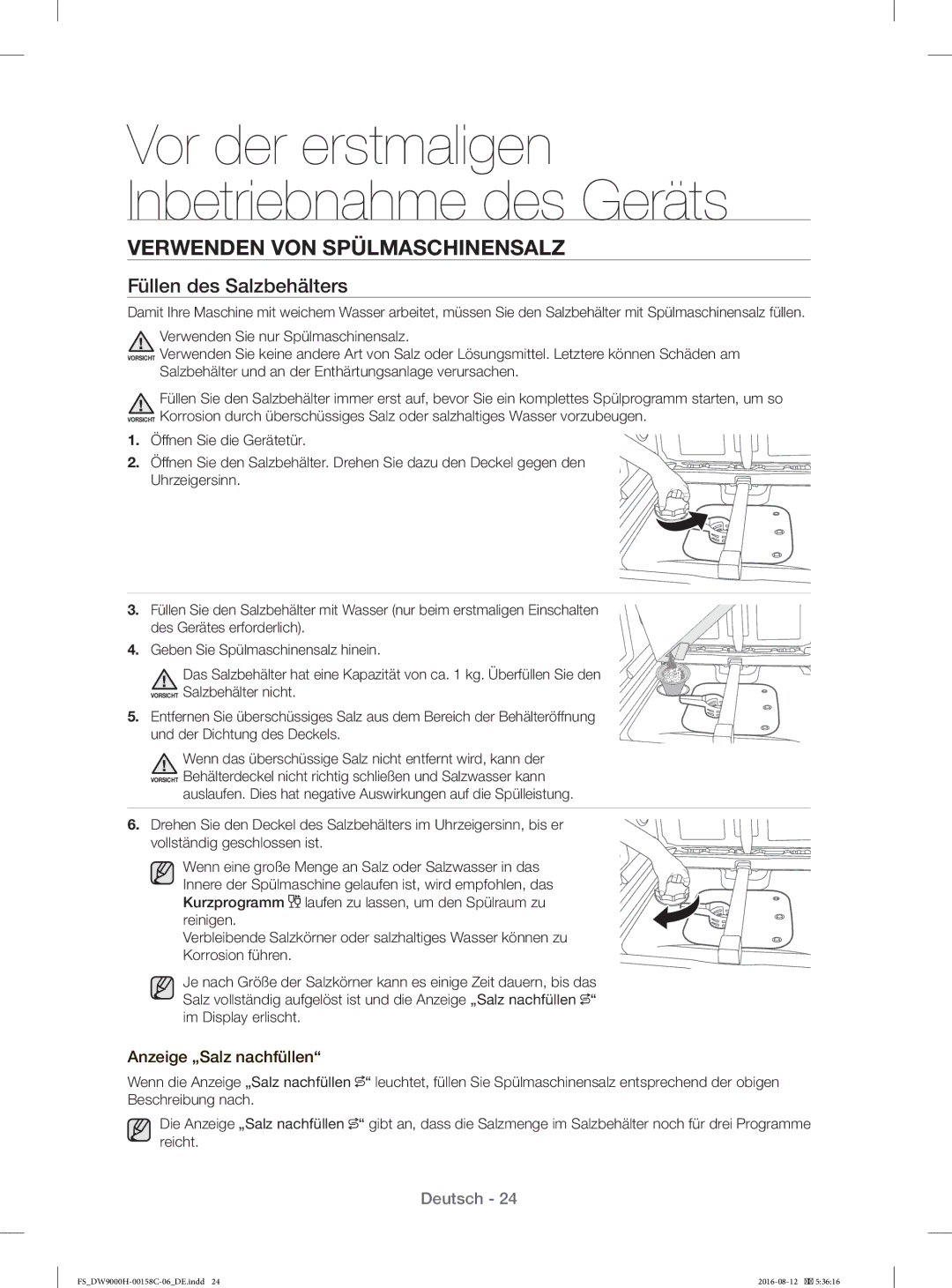 Samsung DW60H9970FS/EF manual Verwenden VON Spülmaschinensalz, Füllen des Salzbehälters, Anzeige „Salz nachfüllen 