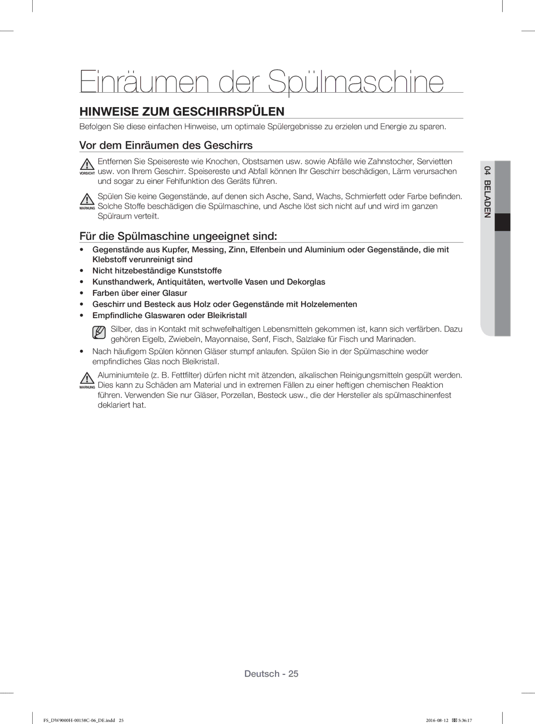 Samsung DW60H9970FS/EF manual Einräumen der Spülmaschine, Hinweise ZUM Geschirrspülen, Vor dem Einräumen des Geschirrs 