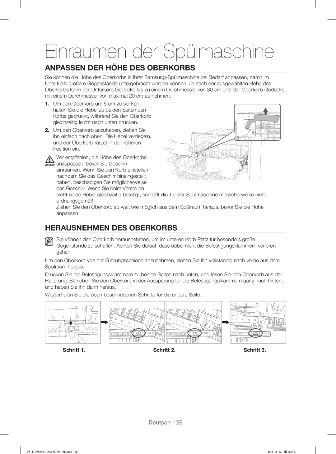 Samsung DW60H9970FS/EF manual Anpassen DER Höhe DES Oberkorbs, Herausnehmen DES Oberkorbs, Schritt 