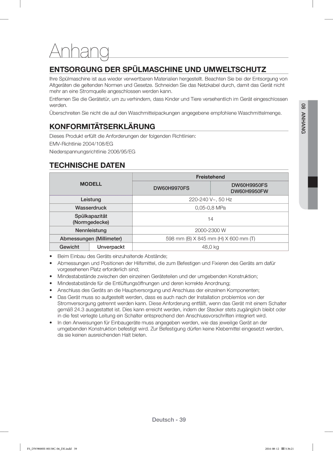 Samsung DW60H9970FS/EF manual Anhang, Entsorgung DER Spülmaschine UND Umweltschutz, Konformitätserklärung, Technische Daten 