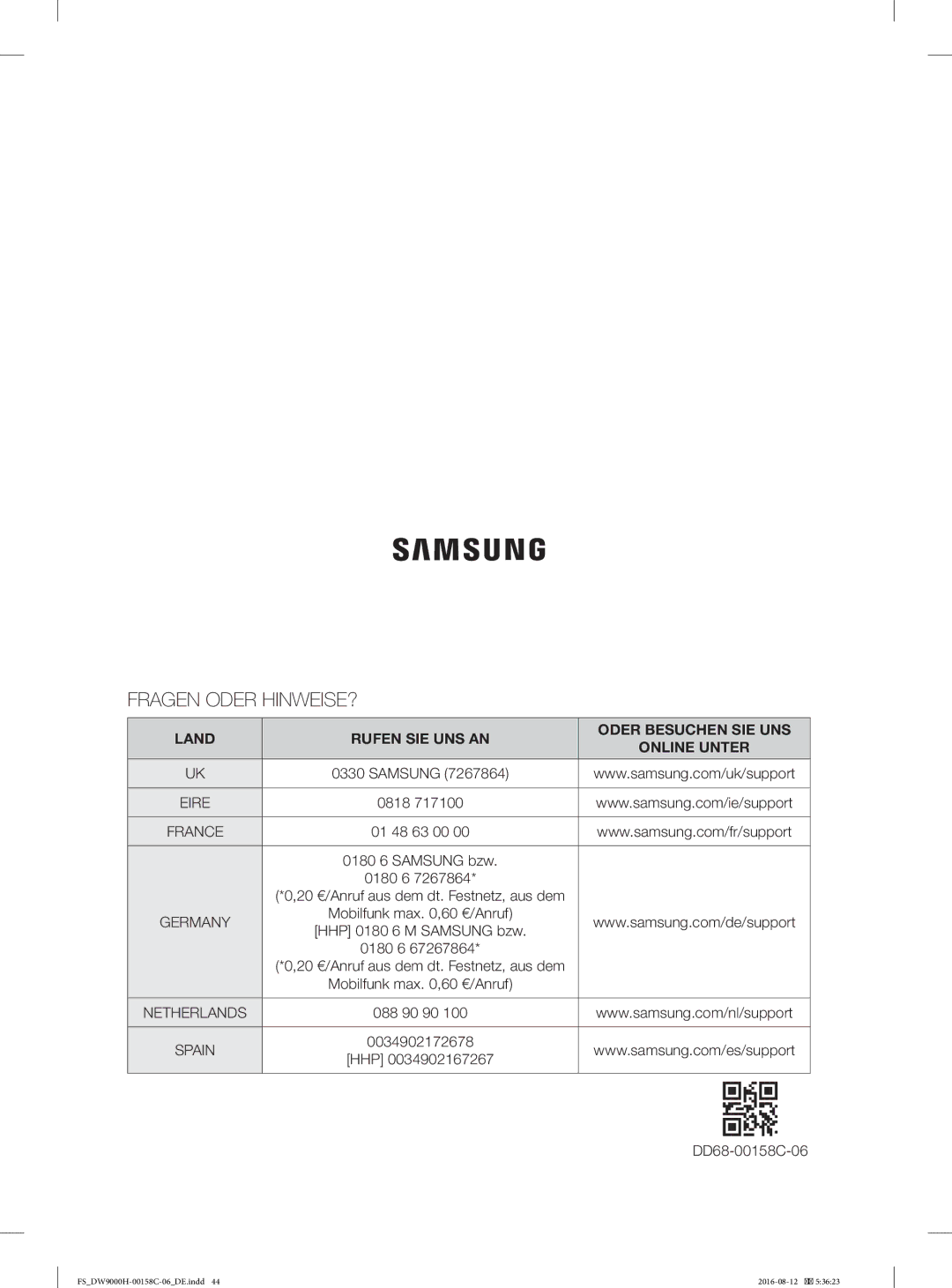 Samsung DW60H9970FS/EF manual Fragen Oder HINWEISE?, Land Rufen SIE UNS AN Oder Besuchen SIE UNS Online Unter 