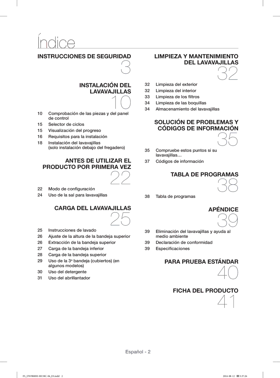 Samsung DW60H9970FS/EF manual Índice, Modo de conﬁguración Uso de la sal para lavavajillas, Tabla de programas 