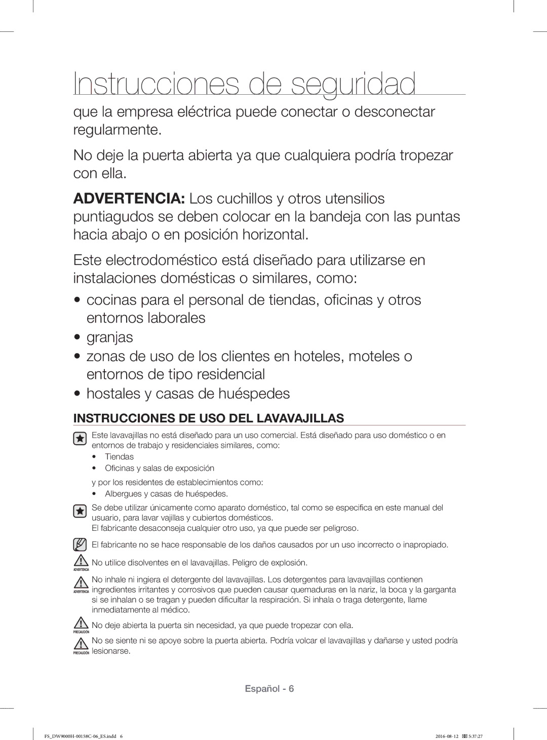 Samsung DW60H9970FS/EF manual Instrucciones DE USO DEL Lavavajillas 