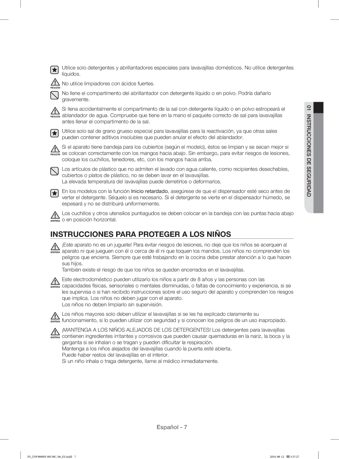 Samsung DW60H9970FS/EF manual Instrucciones Para Proteger a LOS Niños, Antes llenar el compartimento de la sal 