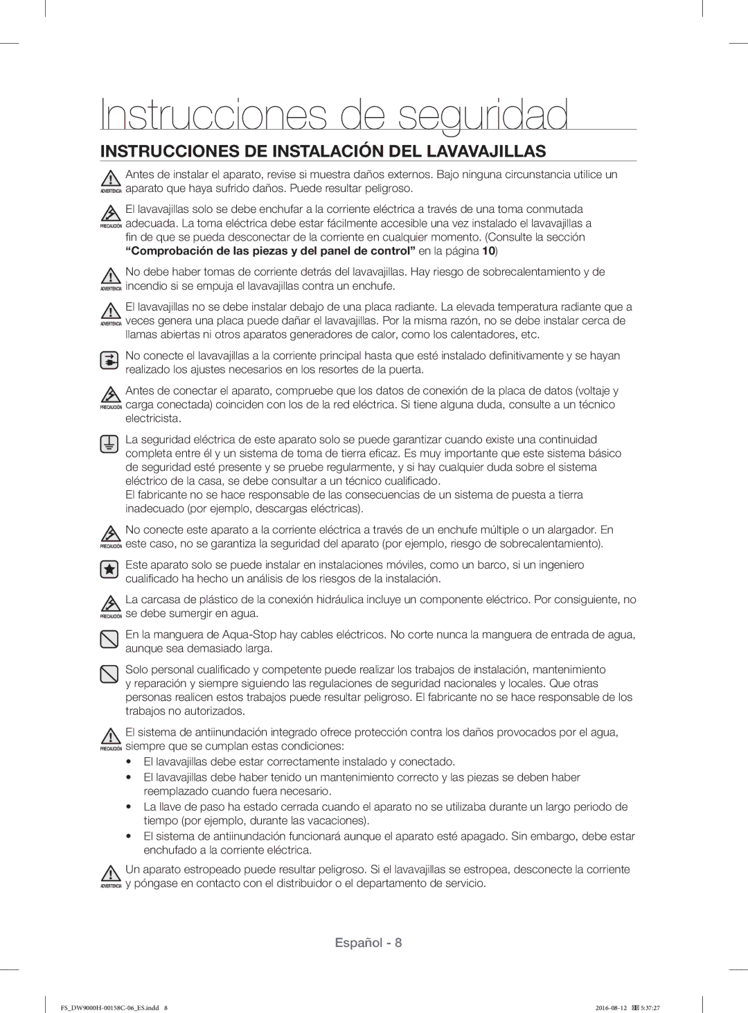 Samsung DW60H9970FS/EF manual Instrucciones DE Instalación DEL Lavavajillas 