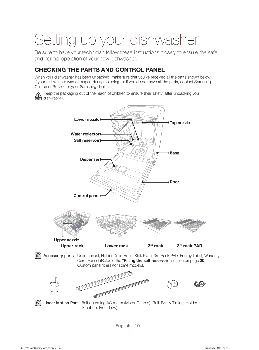 Samsung DW60H9970US/EO, DW60H9970US/EF, DW60J9950SS/EF Setting up your dishwasher, Checking the Parts and Control Panel 