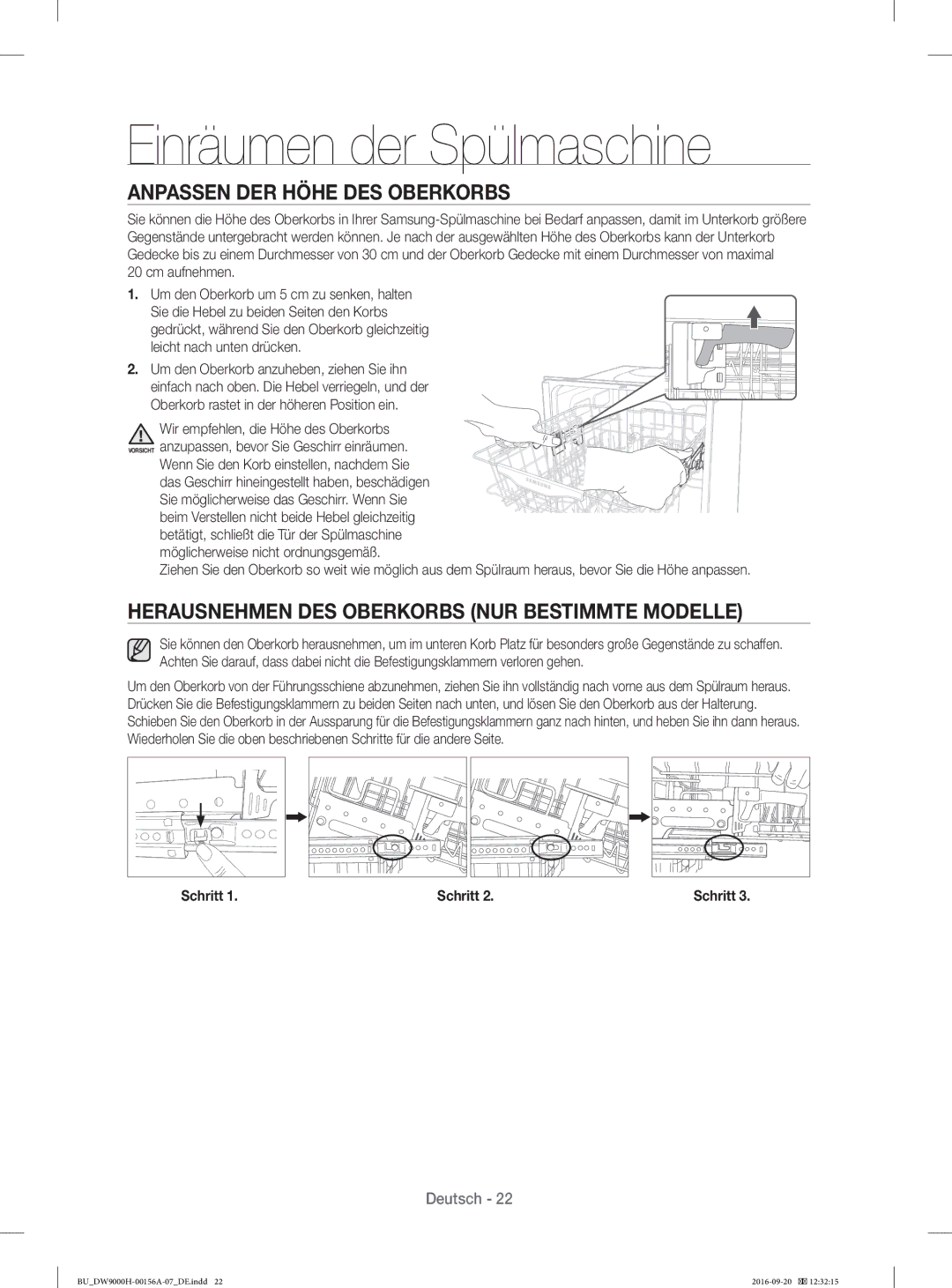 Samsung DW60H9970US/EF Anpassen DER Höhe DES Oberkorbs, Herausnehmen DES Oberkorbs NUR Bestimmte Modelle, Cm aufnehmen 