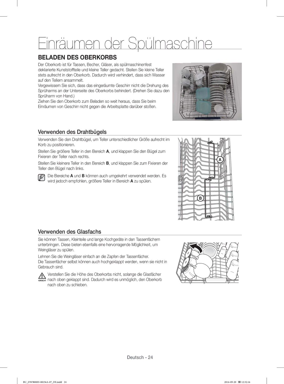 Samsung DW60J9970BB/EG Beladen DES Oberkorbs, Verwenden des Drahtbügels, Verwenden des Glasfachs, Nach oben zu schieben 