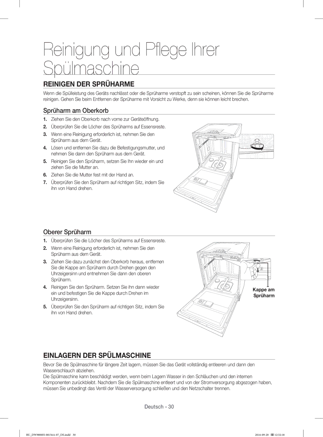Samsung DW60J9970BB/EG manual Reinigen DER Sprüharme, Einlagern DER Spülmaschine, Sprüharm am Oberkorb, Oberer Sprüharm 