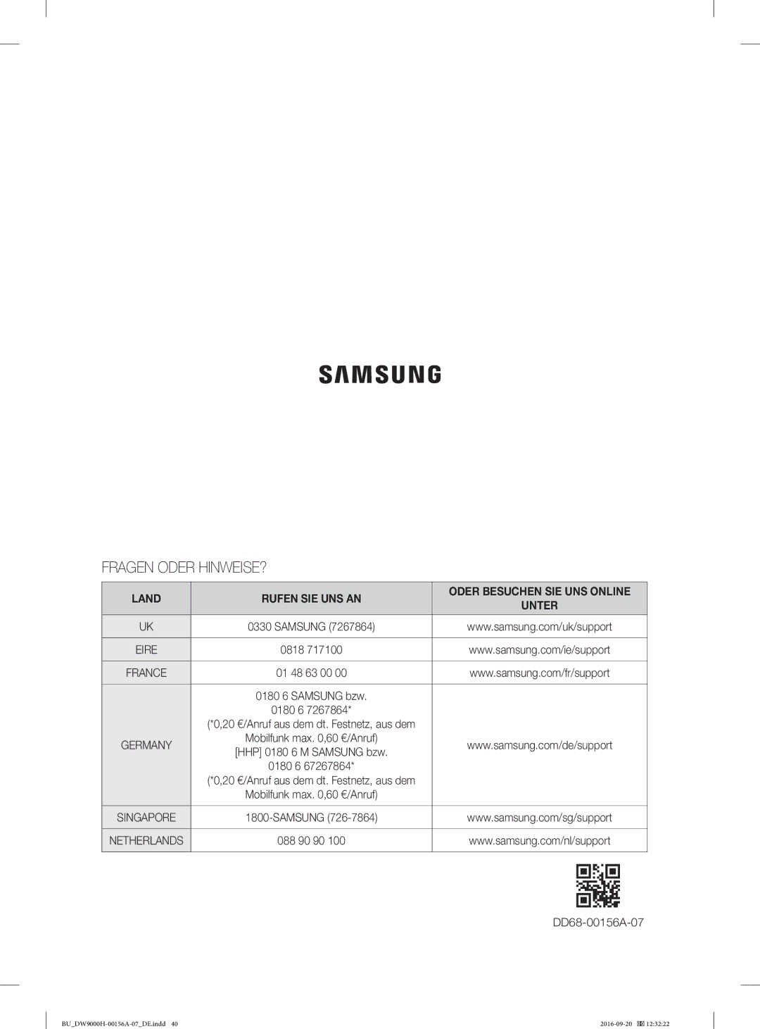 Samsung DW60H9970US/EF, DW60J9950SS/EF, DW60J9970BB/EG, DW60HDK70US/EF manual Fragen Oder HINWEISE?, Land Rufen SIE UNS AN 