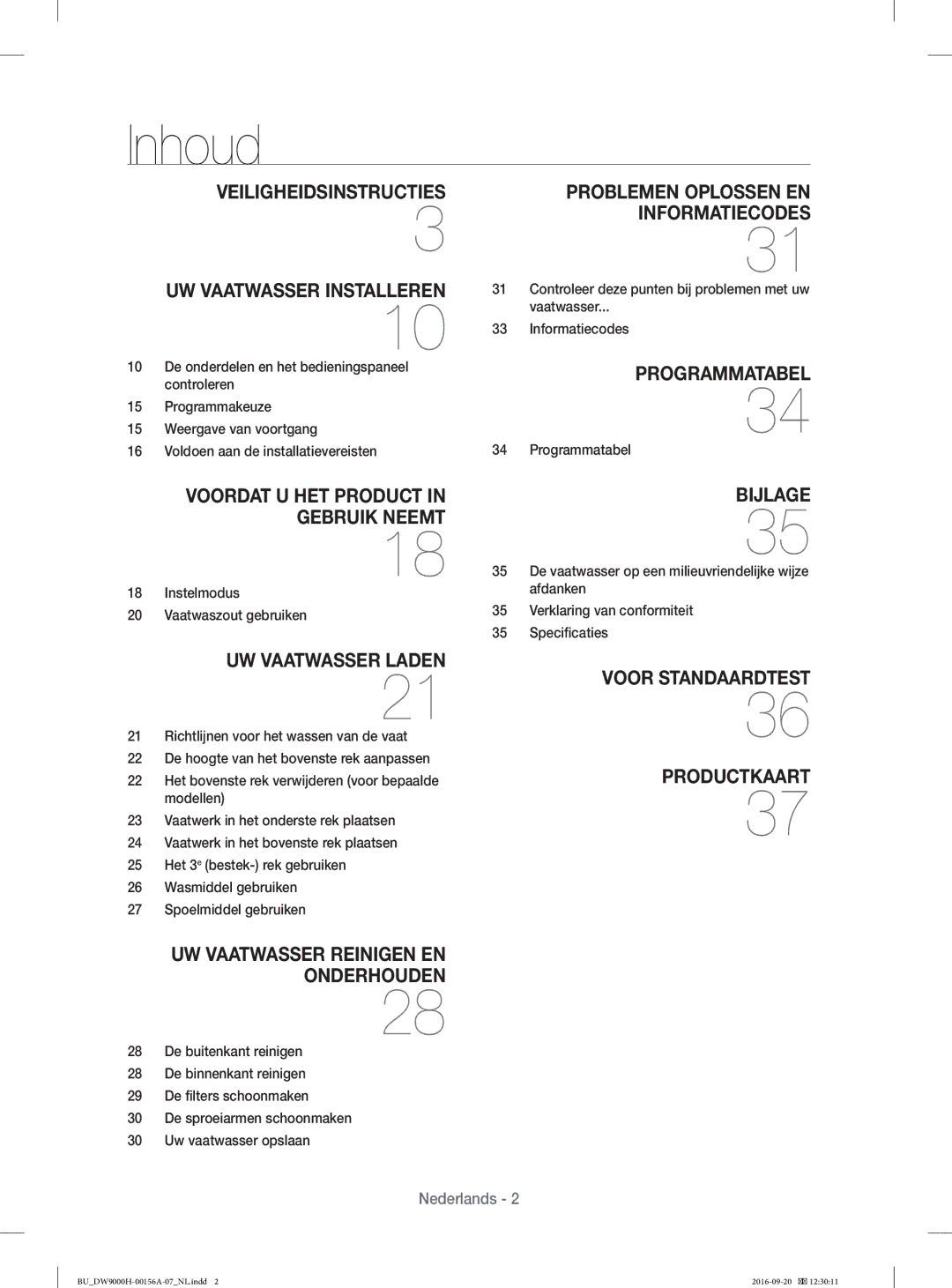 Samsung DW60J9970BB/EG, DW60H9970US/EF, DW60J9950SS/EF manual Inhoud, Instelmodus Vaatwaszout gebruiken, Programmatabel 