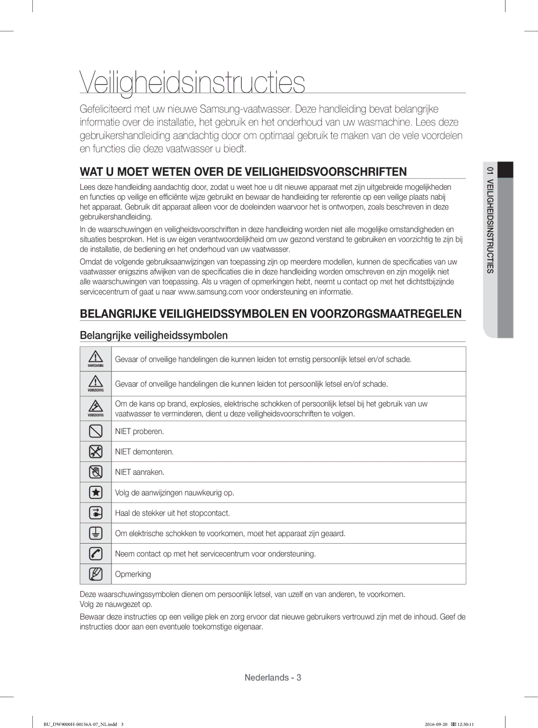 Samsung DW60HDK70US/EF, DW60H9970US/EF manual Veiligheidsinstructies, WAT U Moet Weten Over DE Veiligheidsvoorschriften 