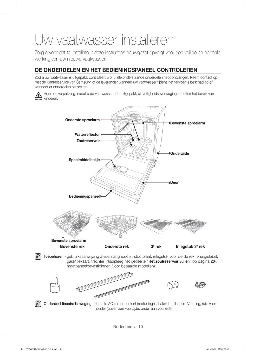 Samsung DW60H9970US/EO, DW60H9970US/EF manual Uw vaatwasser installeren, DE Onderdelen EN HET Bedieningspaneel Controleren 