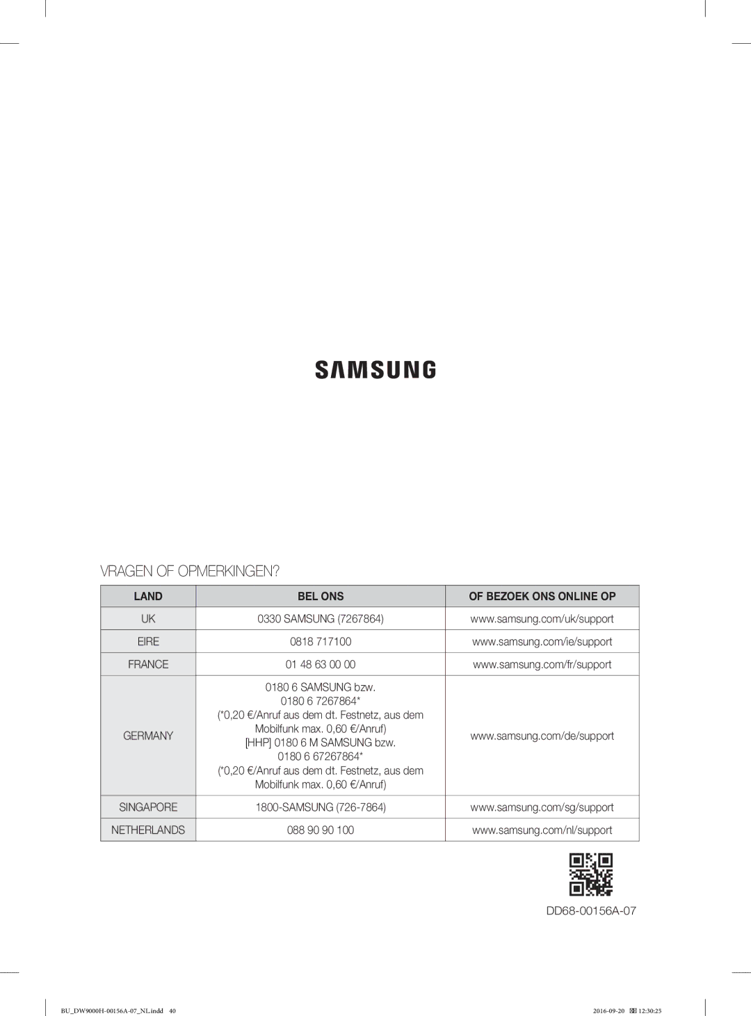 Samsung DW60H9970US/EO, DW60H9970US/EF, DW60J9950SS/EF manual Vragen of OPMERKINGEN?, Land BEL ONS Bezoek ONS Online OP 