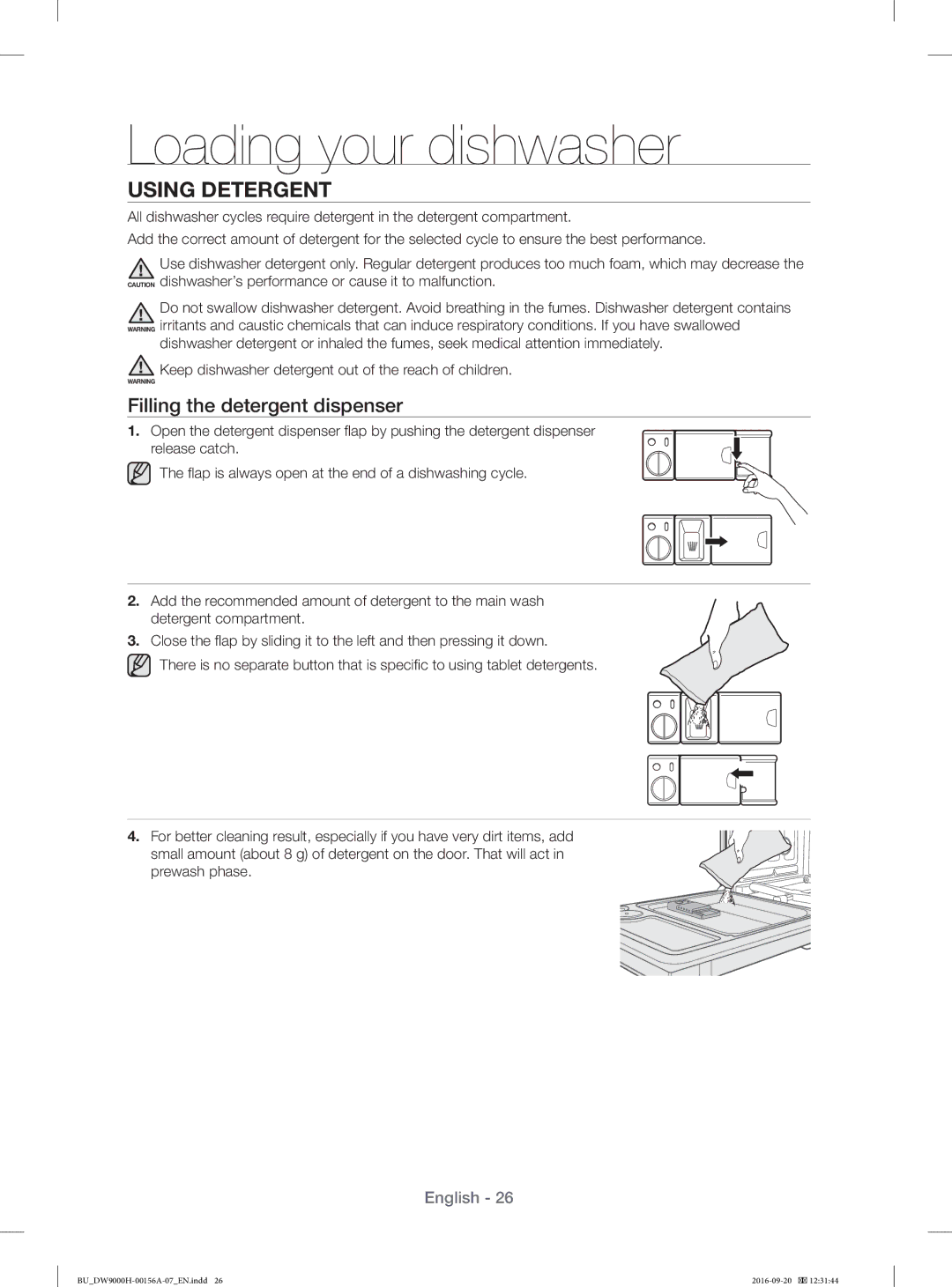 Samsung DW60J9970BB/EG, DW60H9970US/EF, DW60J9950SS/EF, DW60HDK70US/EF manual Using Detergent, Filling the detergent dispenser 