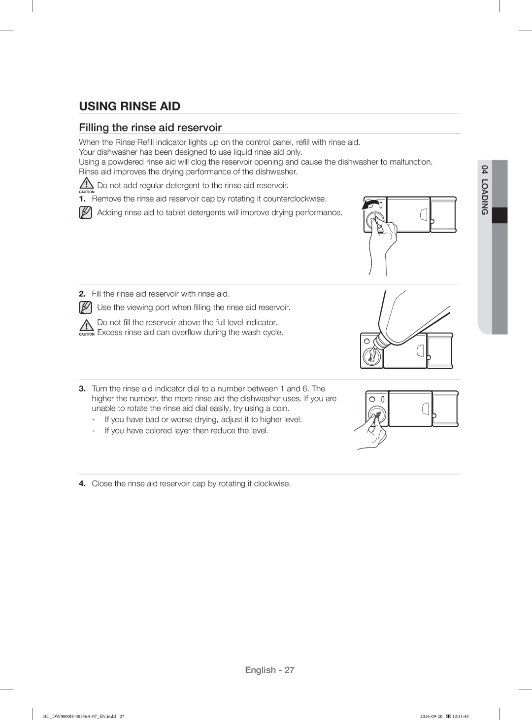 Samsung DW60HDK70US/EF, DW60H9970US/EF, DW60J9950SS/EF, DW60J9970BB/EG manual Using Rinse AID, Filling the rinse aid reservoir 