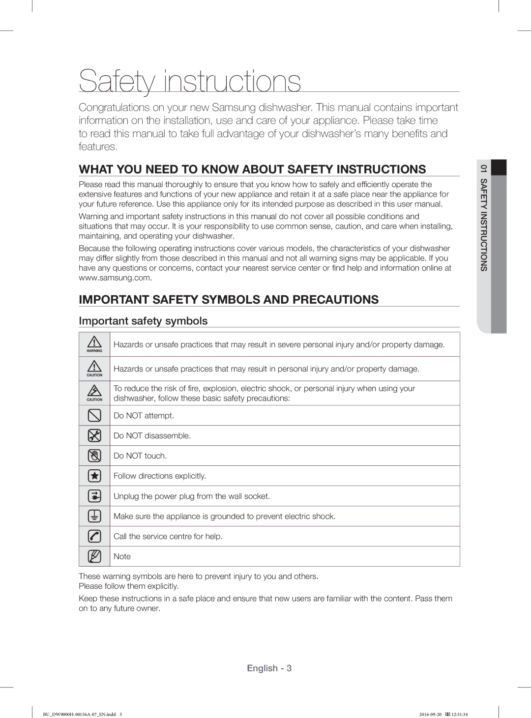 Samsung DW60HDK70US/EF, DW60H9970US/EF, DW60J9950SS/EF, DW60J9970BB/EG manual Safety instructions, Important safety symbols 