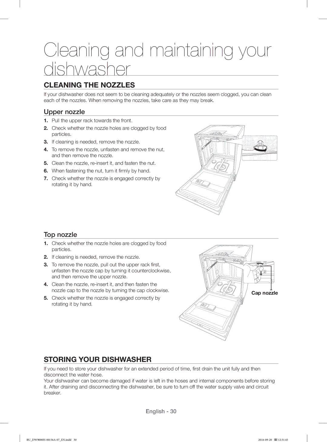 Samsung DW60H9970US/EF, DW60J9950SS/EF Cleaning the Nozzles, Storing Your Dishwasher, Upper nozzle, Top nozzle, Cap nozzle 