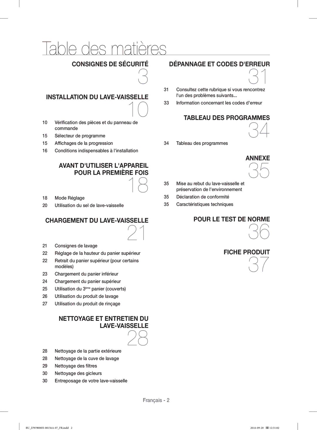 Samsung DW60H9970US/EF manual Table des matières, Mode Réglage Utilisation du sel de lave-vaisselle, Tableau des programmes 