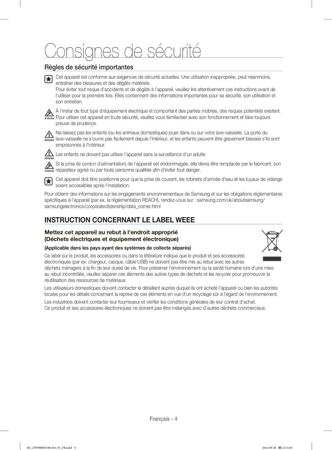 Samsung DW60J9970BB/EG, DW60H9970US/EF, DW60J9950SS/EF Instruction Concernant LE Label Weee, Règles de sécurité importantes 