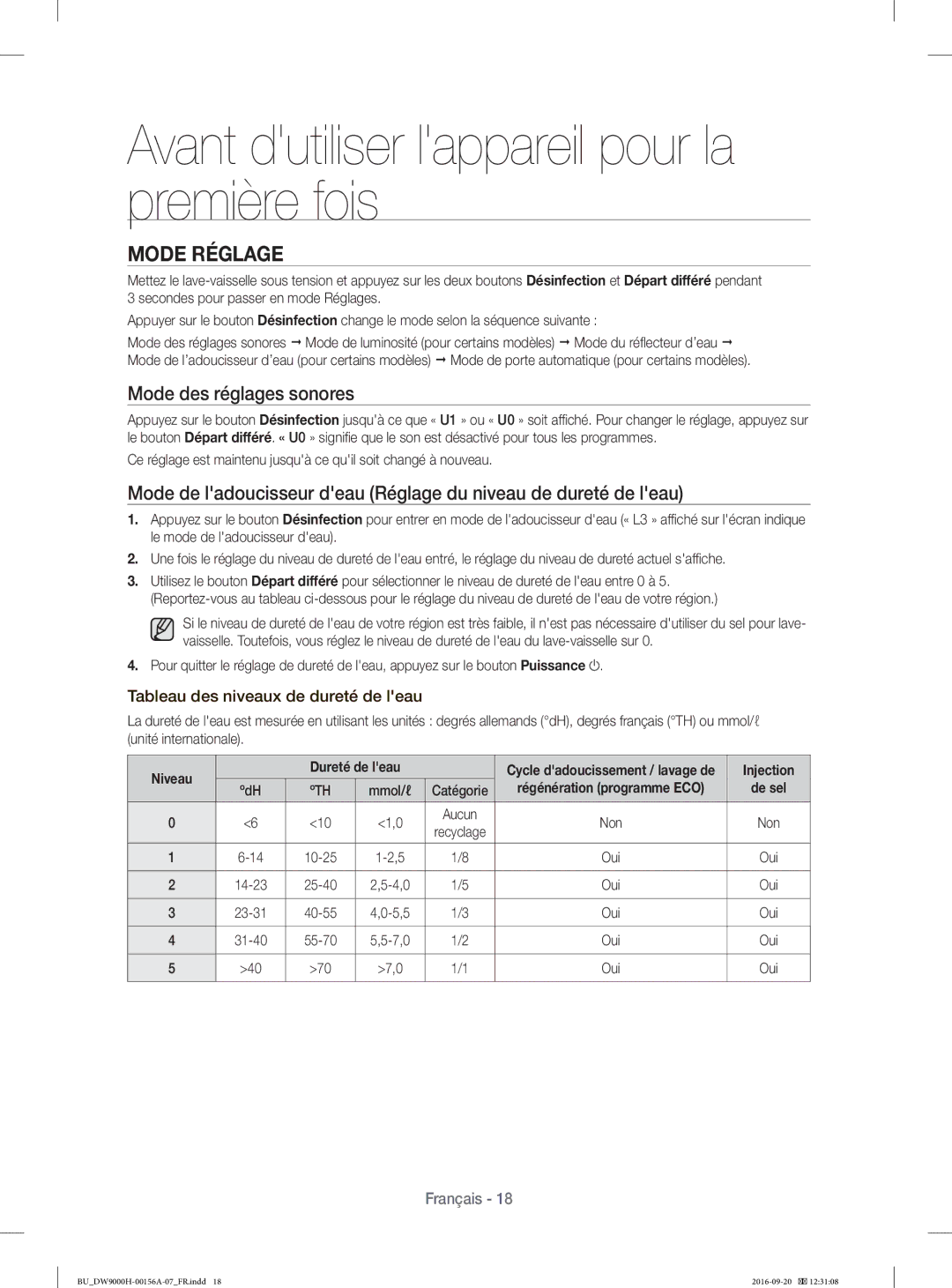 Samsung DW60H9970US/EO manual Avant dutiliser lappareil pour la première fois, Mode Réglage, Mode des réglages sonores 