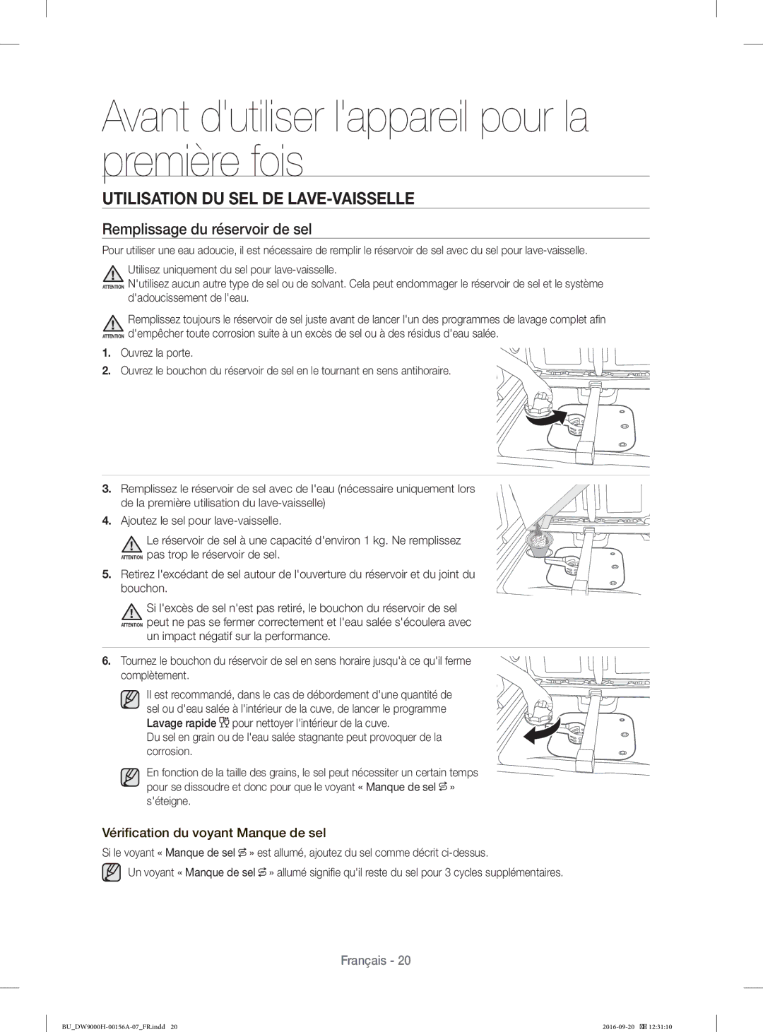 Samsung DW60H9970US/EF, DW60J9950SS/EF manual Utilisation DU SEL DE LAVE-VAISSELLE, Remplissage du réservoir de sel 