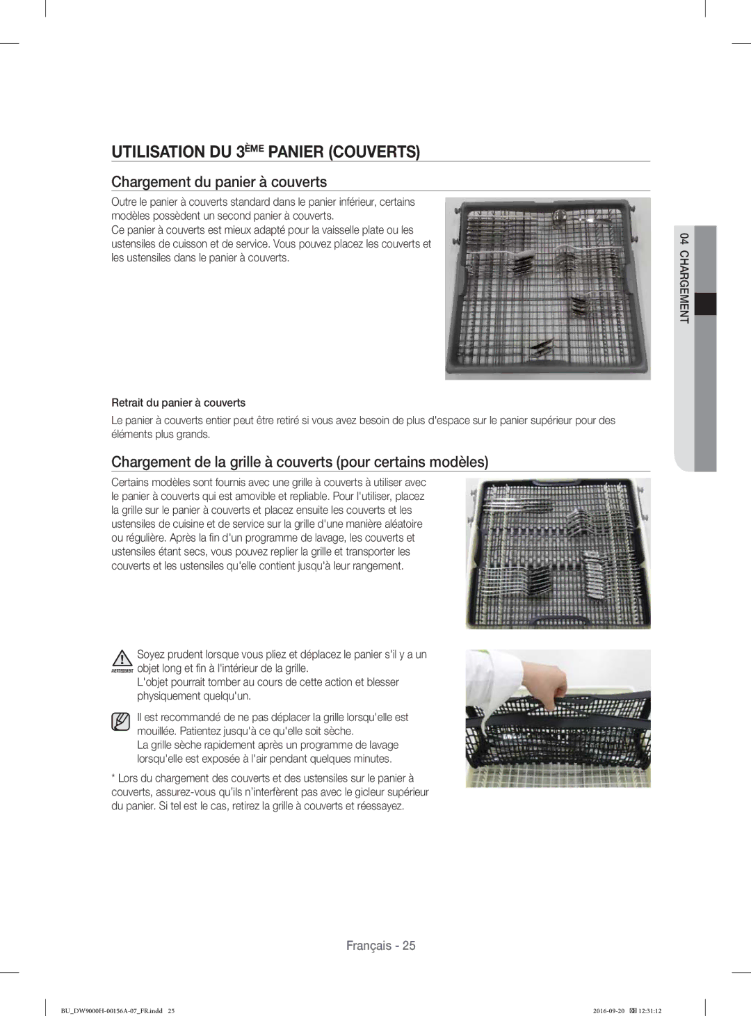 Samsung DW60H9970US/EE, DW60H9970US/EF, DW60J9950SS/EF Utilisation DU 3ÈME Panier Couverts, Chargement du panier à couverts 