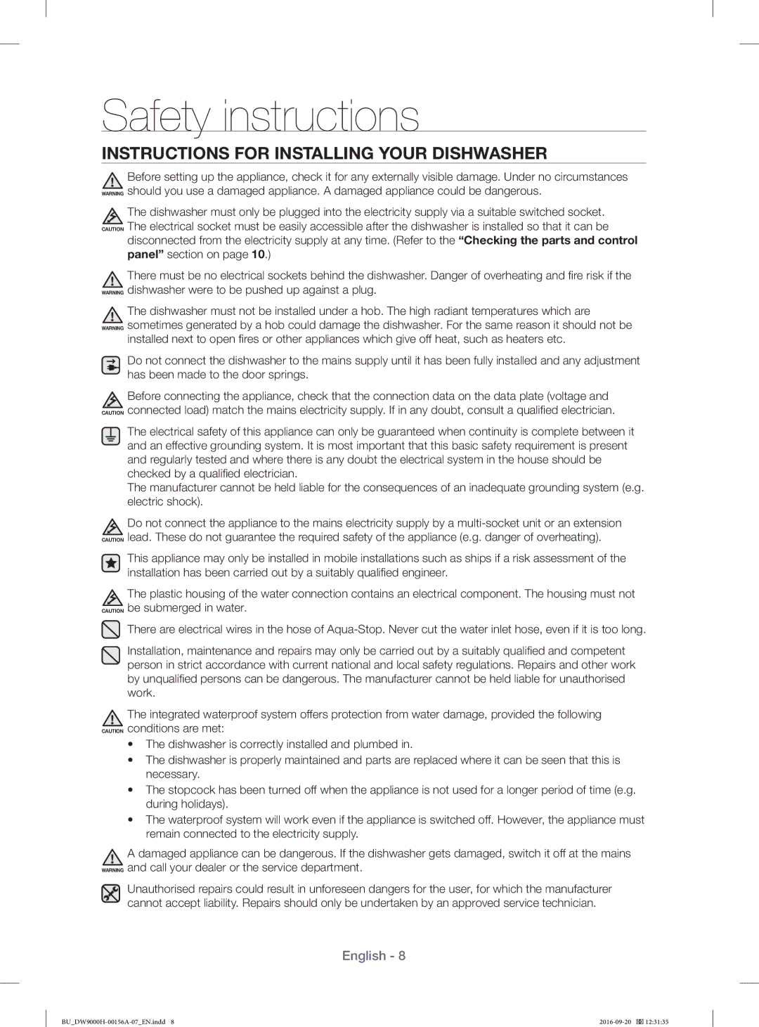 Samsung DW60J9970BB/EG, DW60H9970US/EF, DW60J9950SS/EF, DW60HDK70US/EF manual Instructions for Installing Your Dishwasher 