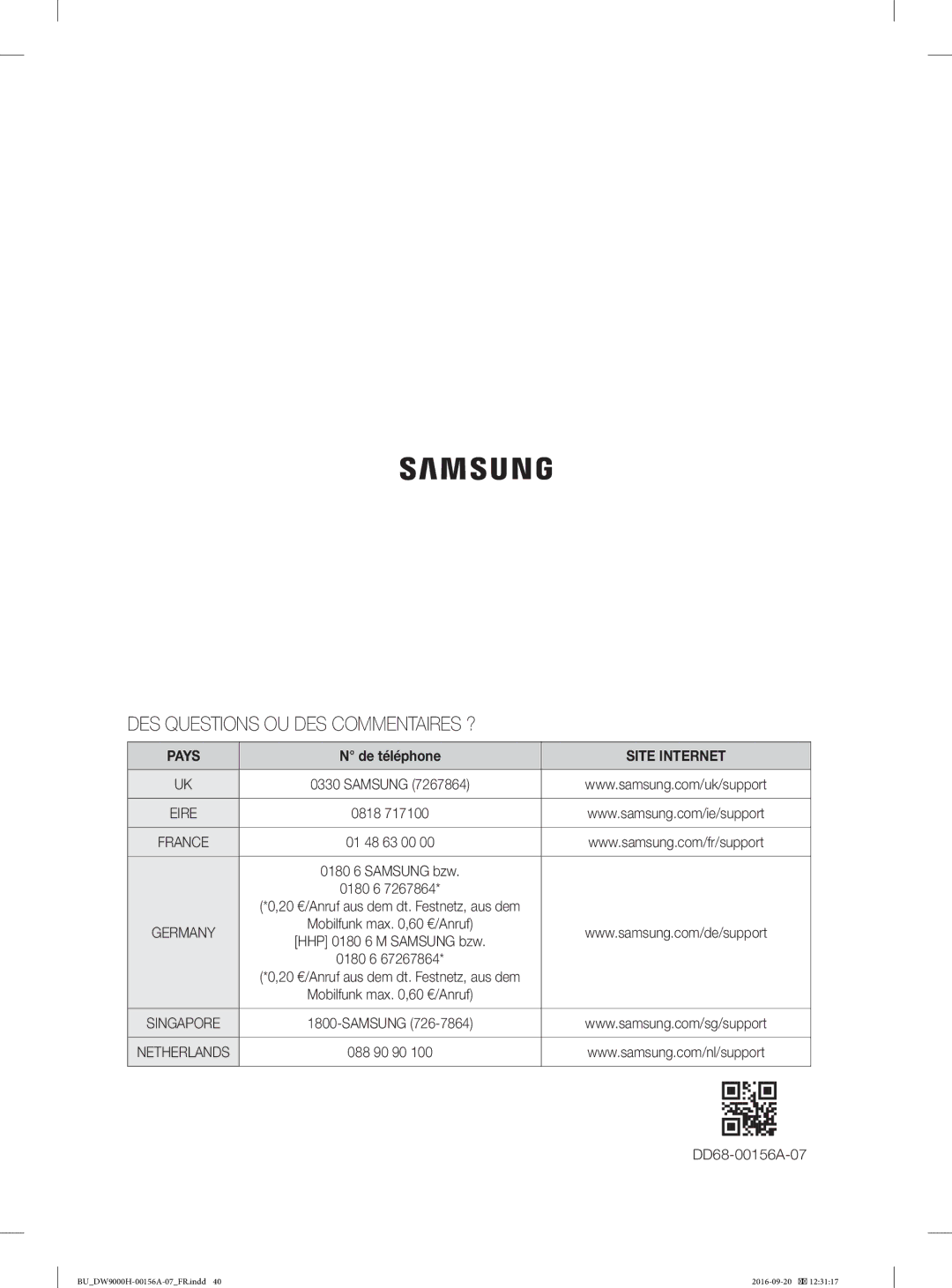 Samsung DW60J9970BB/EG, DW60H9970US/EF, DW60J9950SS/EF, DW60HDK70US/EF, DW60H9970US/EO manual Pays, De téléphone, Site Internet 