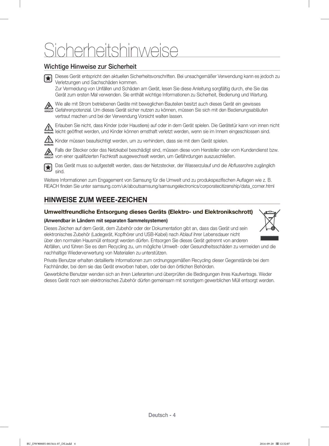 Samsung DW60H9970US/EF, DW60J9950SS/EF, DW60J9970BB/EG manual Hinweise ZUM WEEE-ZEICHEN, Wichtige Hinweise zur Sicherheit 