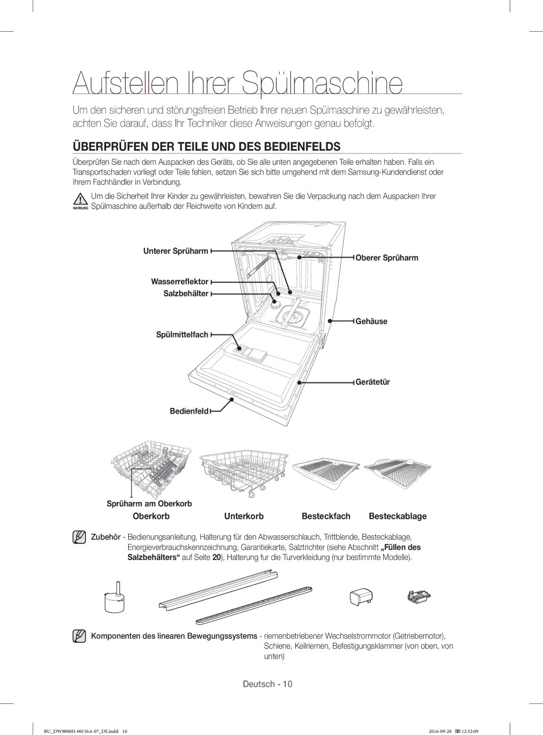 Samsung DW60H9970US/EF, DW60J9950SS/EF manual Aufstellen Ihrer Spülmaschine, Überprüfen DER Teile UND DES Bedienfelds 