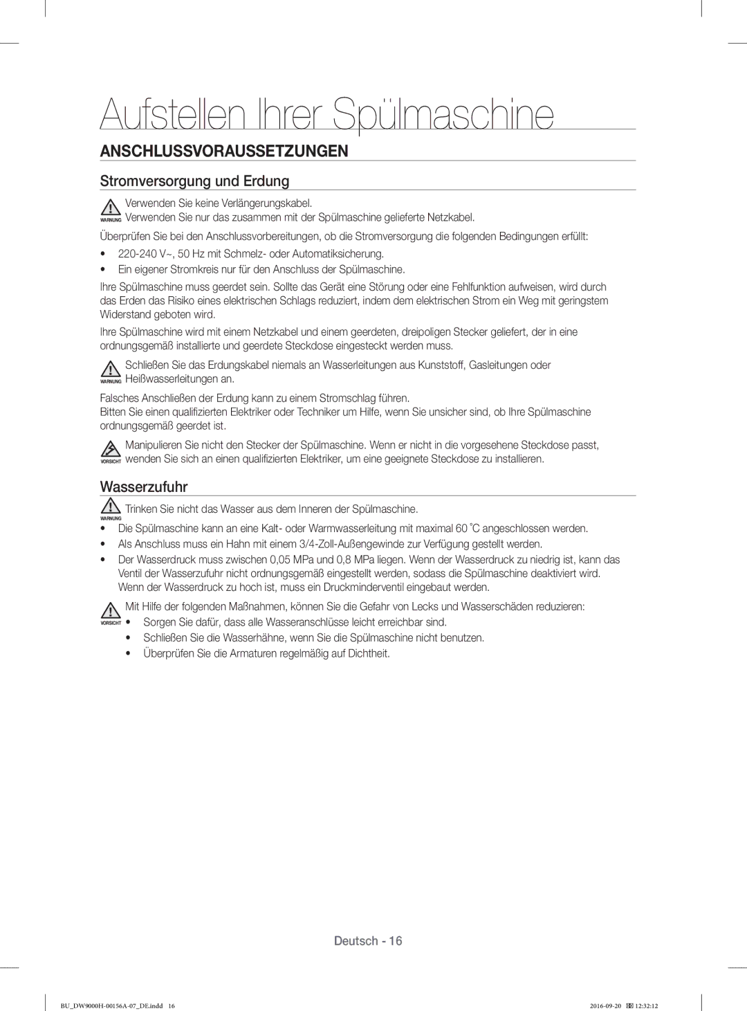 Samsung DW60H9970US/EF, DW60J9950SS/EF, DW60J9970BB/EG Anschlussvoraussetzungen, Stromversorgung und Erdung, Wasserzufuhr 