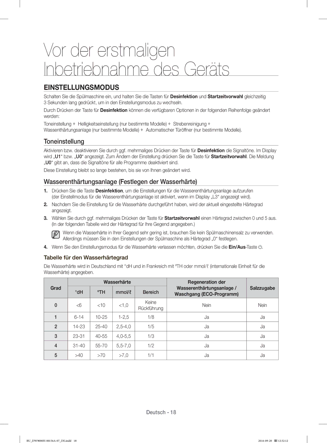 Samsung DW60J9970BB/EG manual Einstellungsmodus, Toneinstellung, Wasserenthärtungsanlage Festlegen der Wasserhärte 