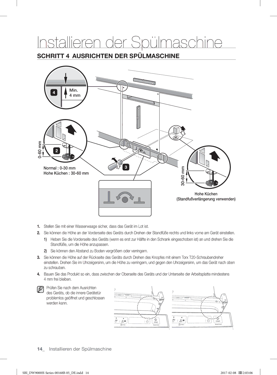 Samsung DW60J9950SS/EF, DW60J9970BB/EG manual Schritt 4 Ausrichten DER Spülmaschine, Min 